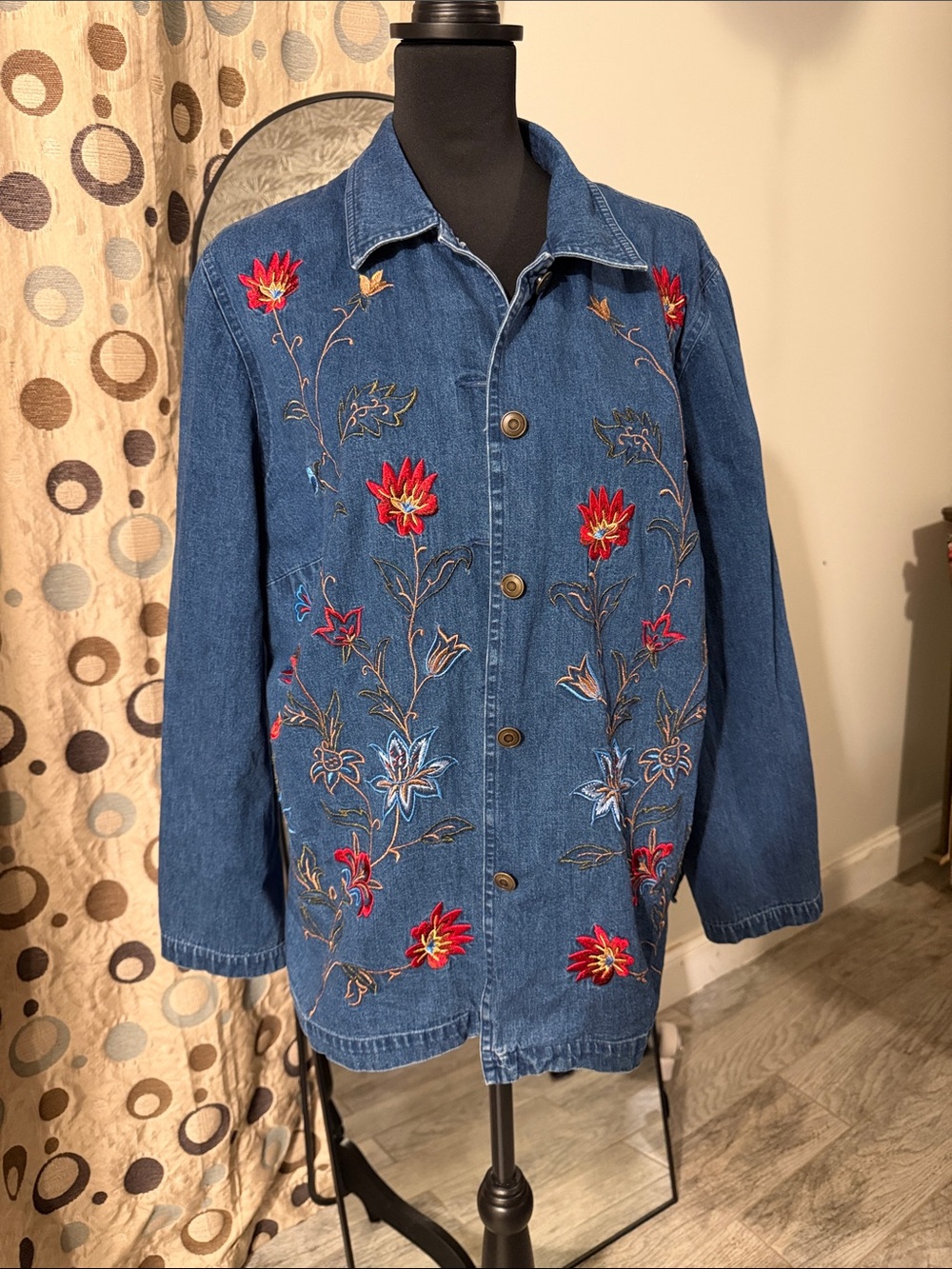 Talbots Blue Denim Jacket with Red Floral Embroidery
